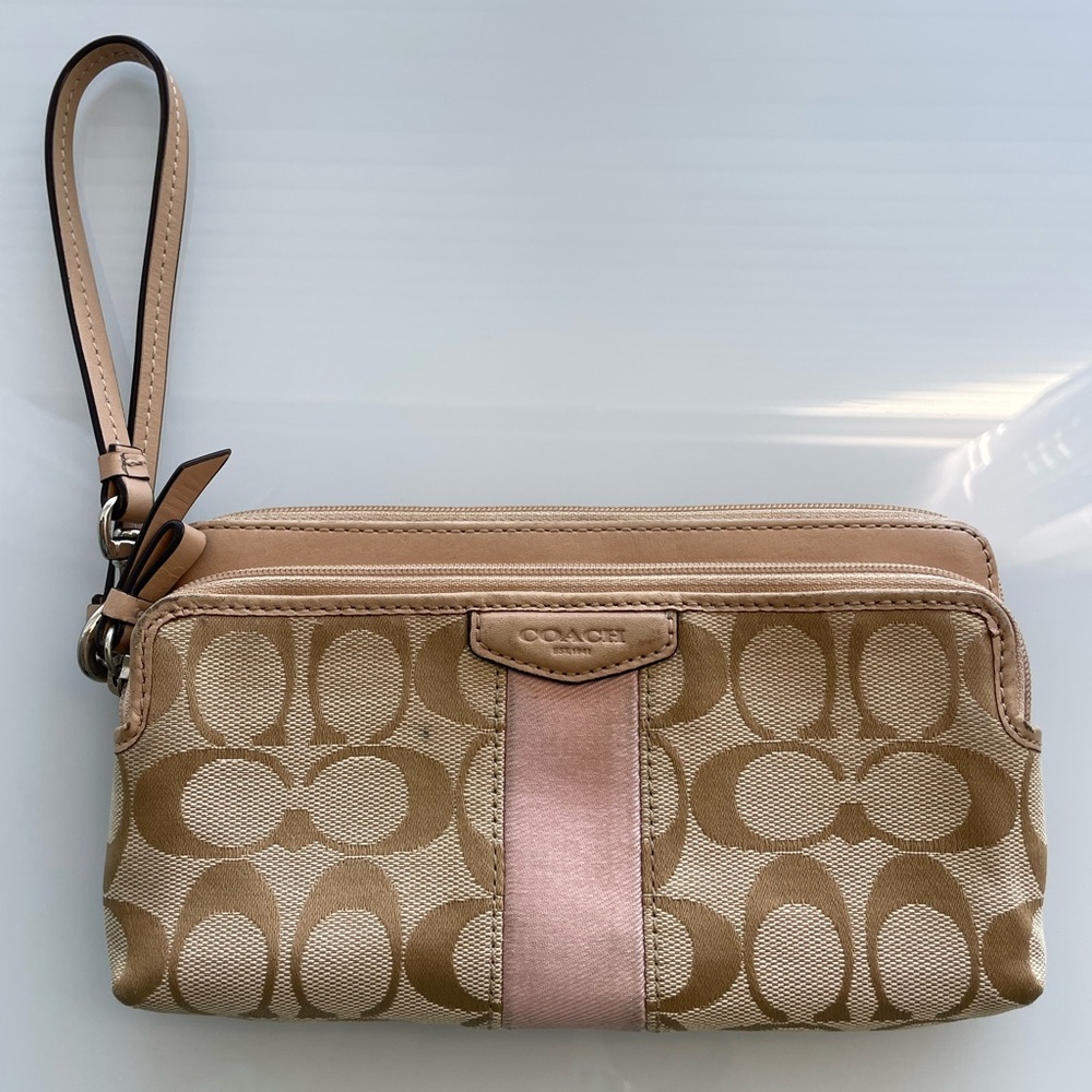 Vintage Coach Double Zip Wristlet - Signature Canvas Pink Stripe